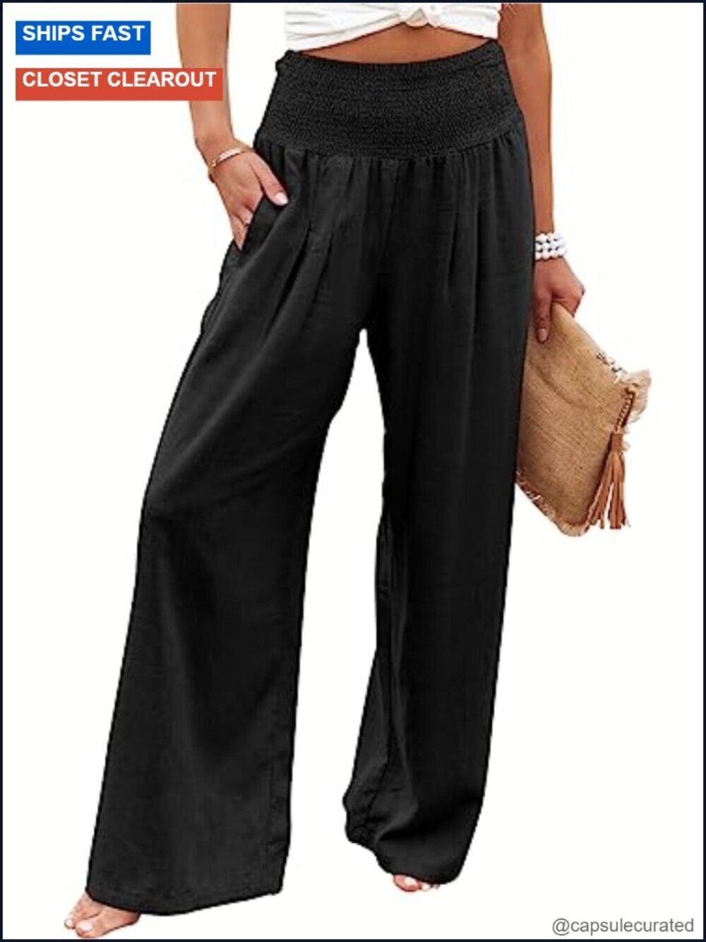 Wide Leg Smocked Waist Linen Blend Palazzo Pants with Pockets